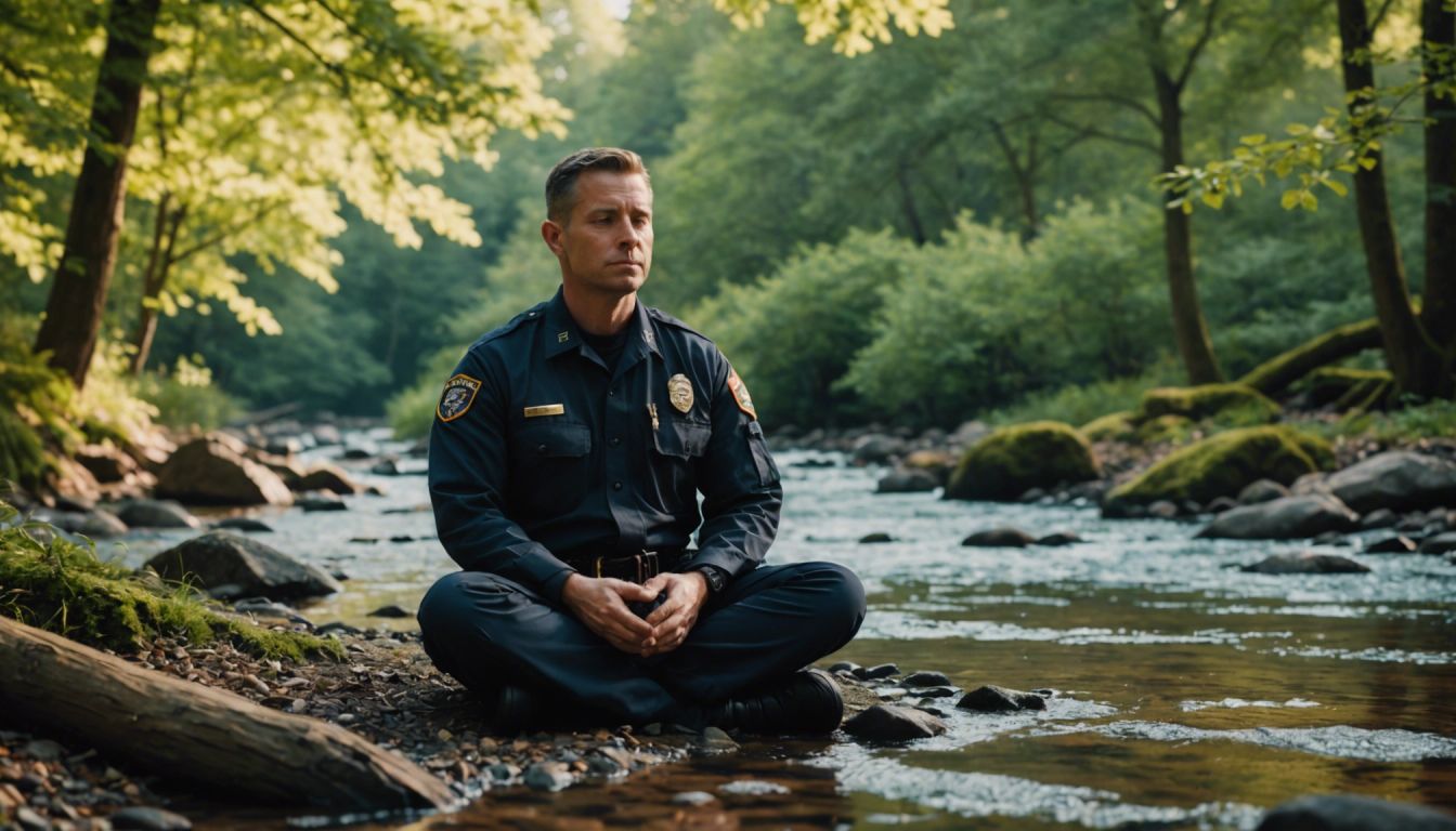 A police officer in uniform sits cross-legged and meditates by a serene stream, surrounded by lush greenery.