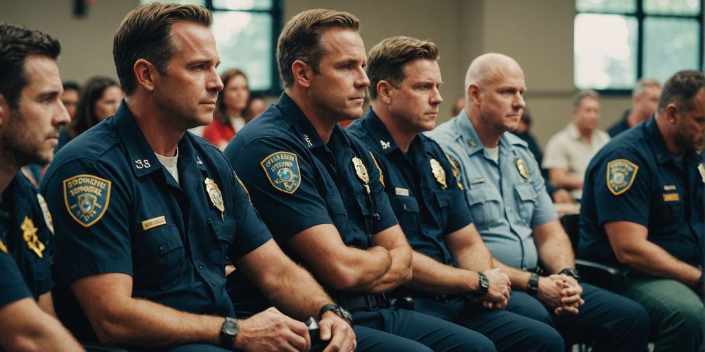 A group of police officers sitting in a circle, engaging in a peer support group discussion focused on mental health and support.