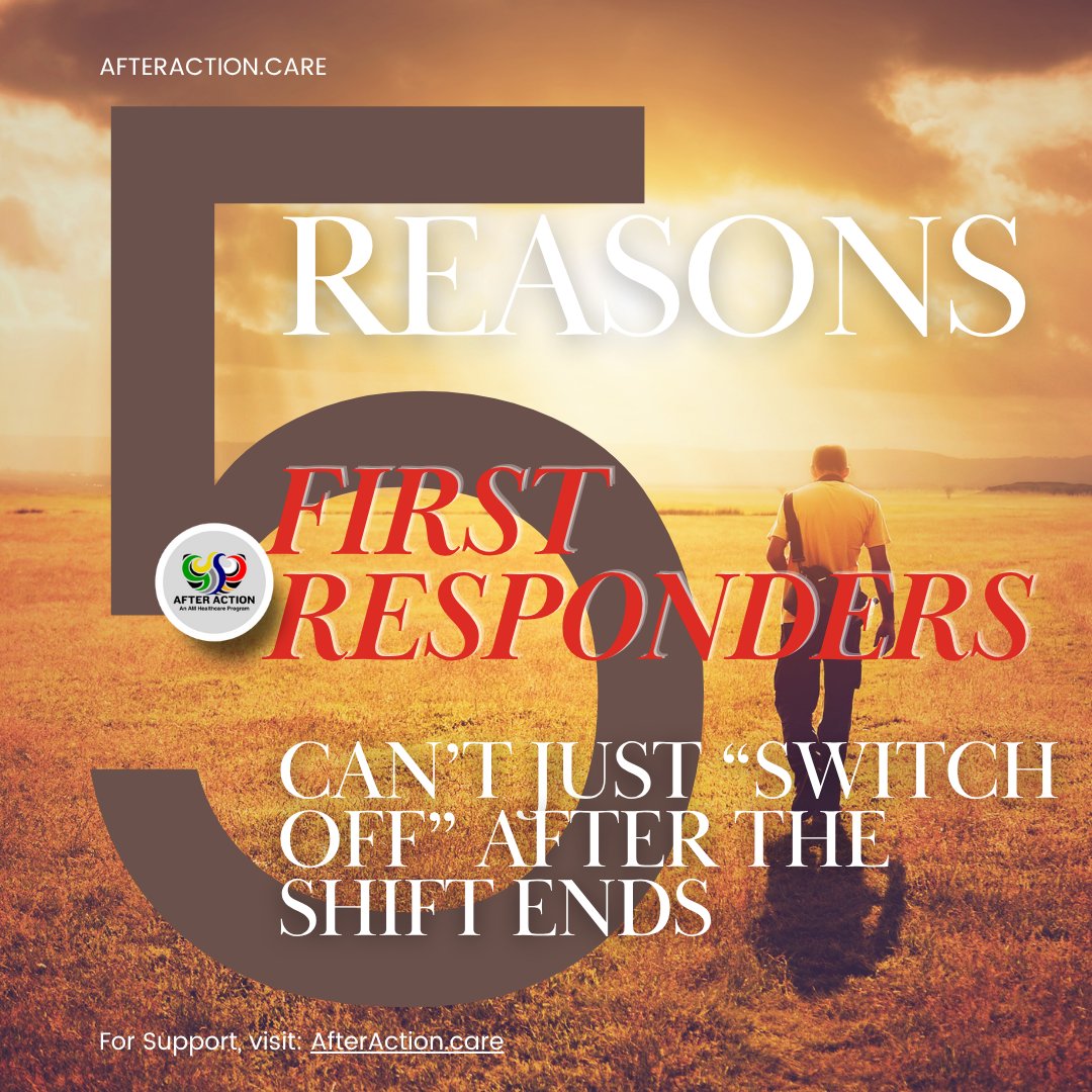 Feature image showing a first responder walking alone into a sunset with bold text reading “5 Reasons First Responders Can’t Just Switch Off After the Shift Ends.